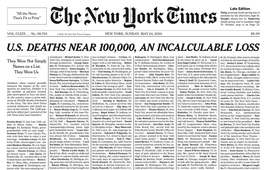  Συγκλονίζει το πρωτοσέλιδο των New York Times: Δεν ήταν απλώς ονόματα, ήταν εμείς!