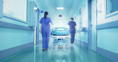 Bright lights at the end the hospital corridor. The concept of life and death.